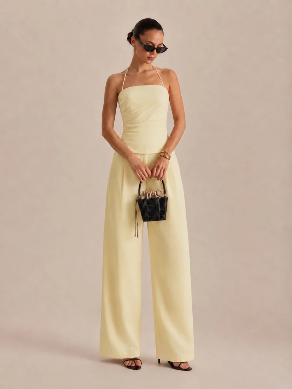 Commense Ruched Halter Top & Wide Leg Pants Set